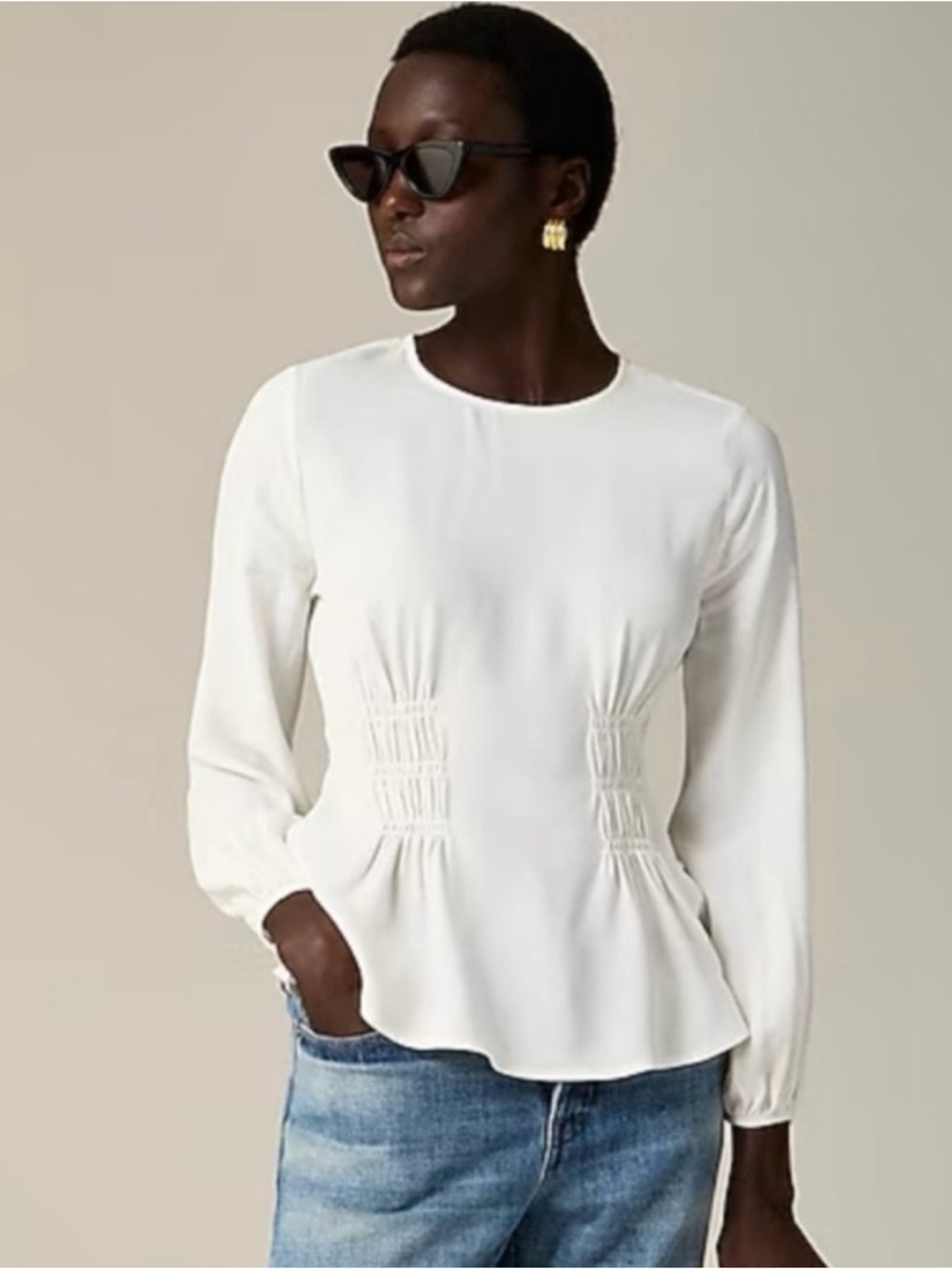 NWT J. Crew Shirred Waist Long Sleeve 100% Viscose Blouse Ivory 2024 Size 10